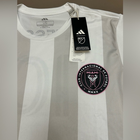 Adidas Lionel Messi Inter Miami CF Jersey White Striped Shirt Women's L NWT - Picture 2 of 7